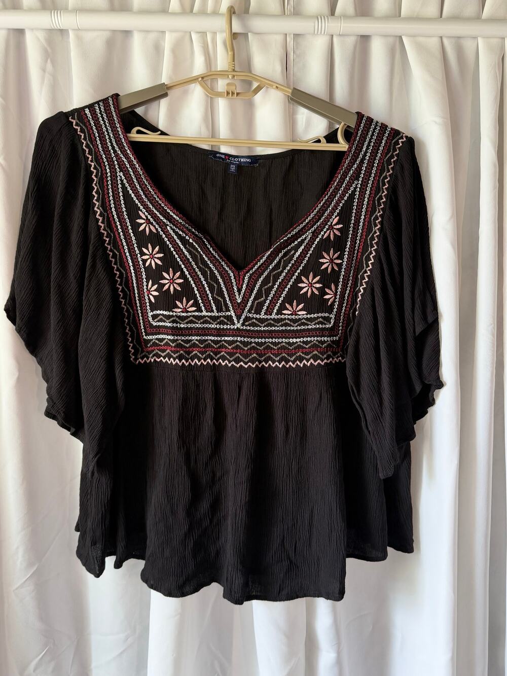 Black Embroidered Boho Flutter Sleeve Top 3X Plus Size Peasant Top Cottagecore